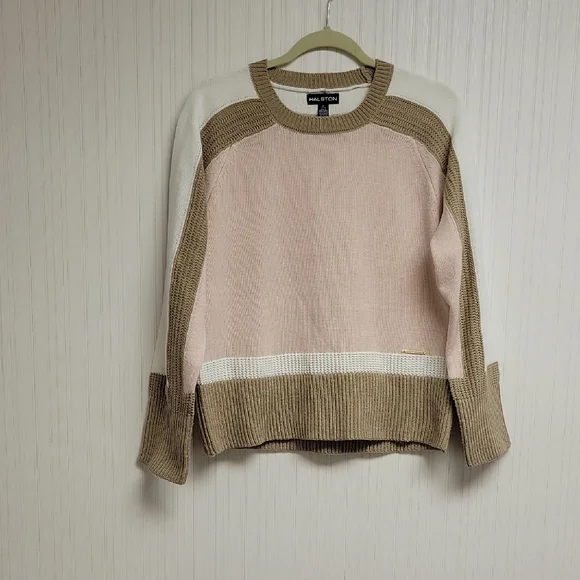 Halston Women's Colorblock Sweater - Pink, White, & Tan Small. Cottagecore Cozy - Picture 3 of 7